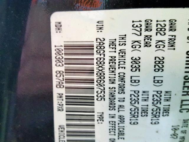 2A8GF68XX8R607535 - 2008 CHRYSLER PACIFICA T BLACK photo 10