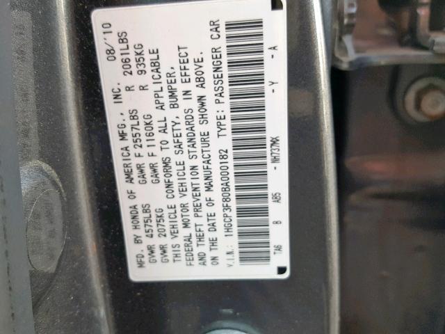 1HGCP3F80BA000182 - 2011 HONDA ACCORD EXL GRAY photo 10