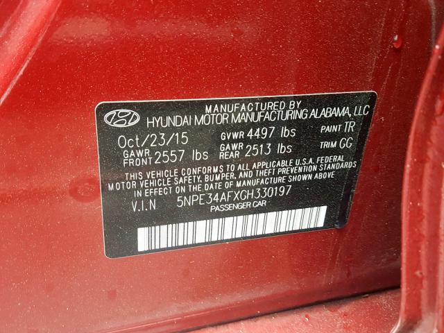 5NPE34AFXGH330197 - 2016 HYUNDAI SONATA SPO RED photo 10