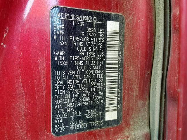 JN8AZ2KR8AT153618 - 2010 NISSAN CUBE BASE RED photo 10