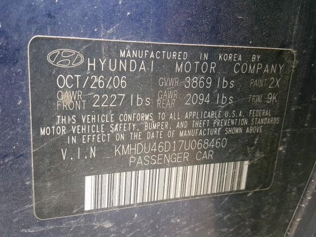 KMHDU46D17U068460 - 2007 HYUNDAI ELANTRA GLS  photo 10