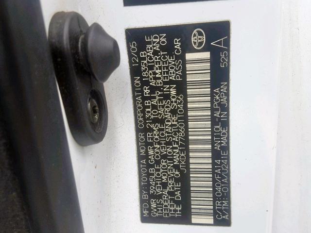 JTKDE177860110436 - 2006 TOYOTA SCION TC თეთრი ფოტო 10