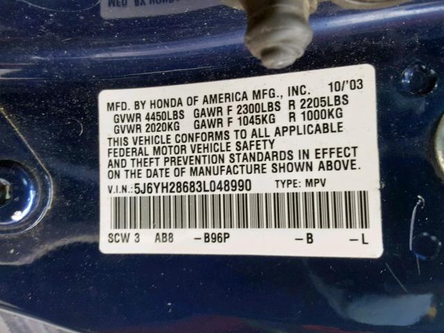 5J6YH28683L048990 - 2003 HONDA ELEMENT EX BLUE photo 10