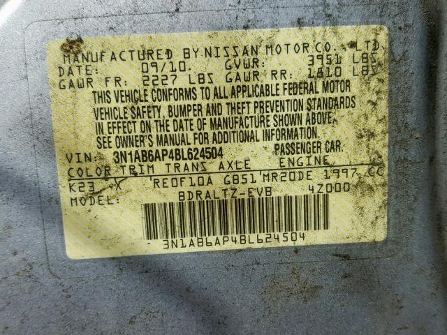 3N1AB6AP4BL624504 - 2011 NISSAN SENTRA 2.0 SILVER photo 10