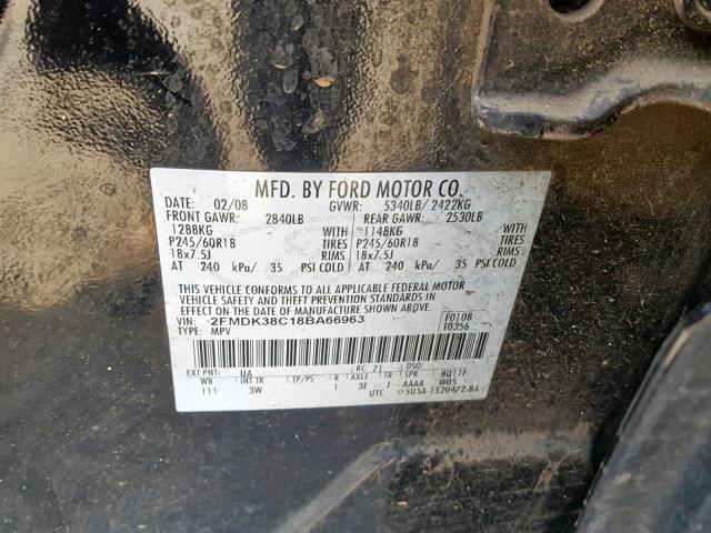 2FMDK38C18BA66963 - 2008 FORD EDGE SEL BLACK photo 10