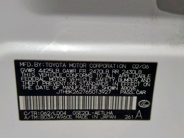 JTHBK262765013927 - 2006 LEXUS IS 250 WHITE photo 10