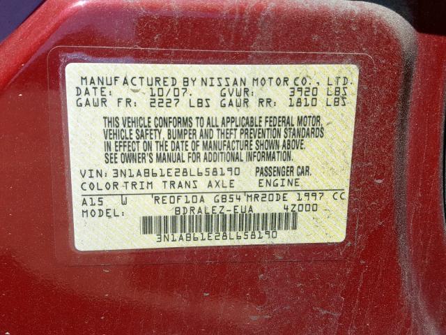 3N1AB61E28L658190 - 2008 NISSAN SENTRA 2.0 MAROON photo 10