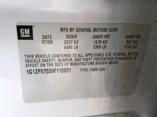 1G1ZF57539F115831 - 2009 CHEVROLET MALIBU HYB SILVER photo 10