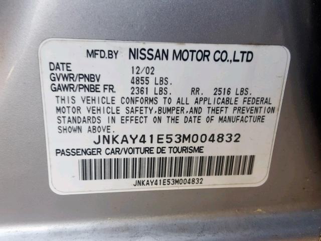 JNKAY41E53M004832 - 2003 INFINITI M45 SILVER photo 10