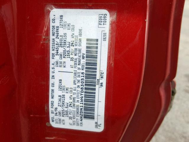 4N2DN11W4TD830518 - 1996 NISSAN QUEST XE RED photo 10