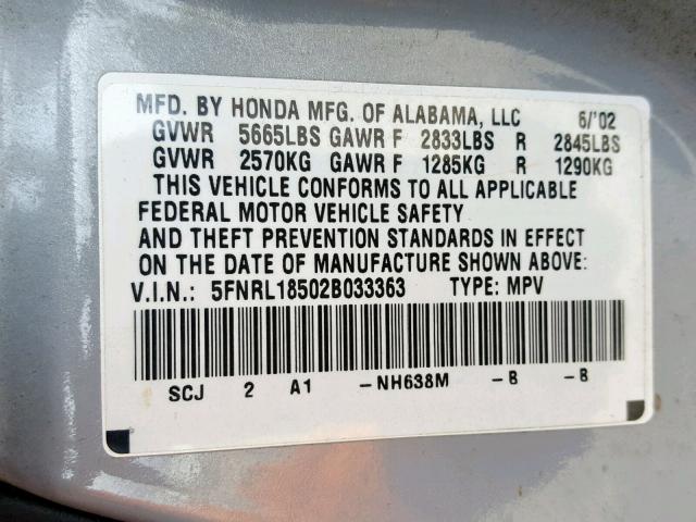 5FNRL18502B033363 - 2002 HONDA ODYSSEY LX SILVER photo 10