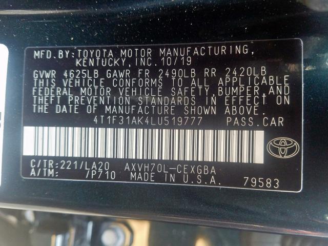 4T1F31AK4LU519777 - 2020 TOYOTA CAMRY XLE  photo 10