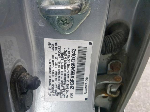 2HGFA16949H316143 - 2009 HONDA CIVIC EXL SILVER photo 10