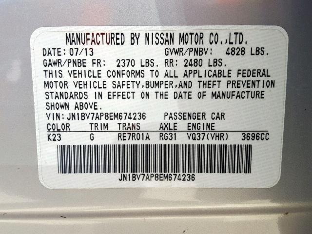 JN1BV7AP8EM674236 - 2014 INFINITI Q50 BASE SILVER photo 10