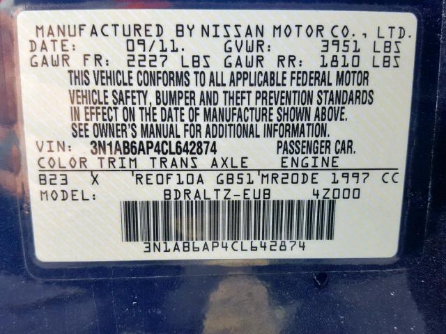 3N1AB6AP4CL642874 - 2012 NISSAN SENTRA 2.0 BLUE photo 10