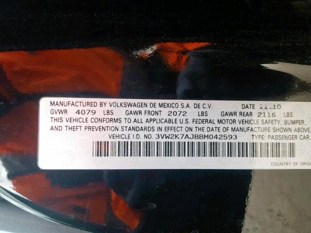 3VW2K7AJ8BM042593 - 2011 VOLKSWAGEN JETTA BASE BLACK photo 10