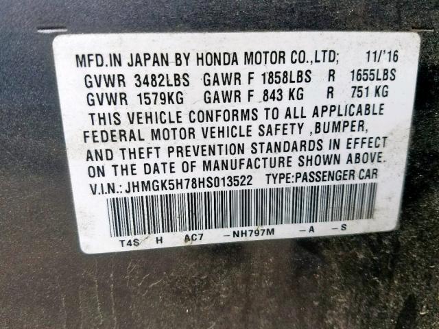 JHMGK5H78HS013522 - 2017 HONDA FIT EX SILVER photo 10