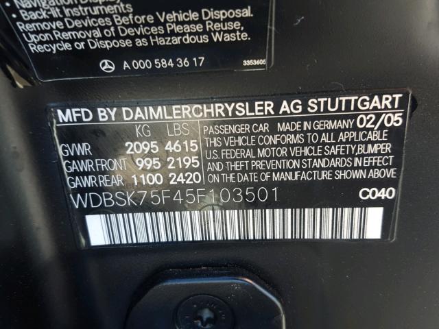 WDBSK75F45F103501 - 2005 MERCEDES-BENZ SL 500 BLACK photo 10