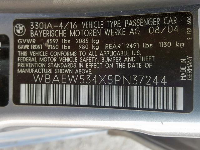 WBAEW534X5PN37244 - 2005 BMW 330 XI SILVER photo 10