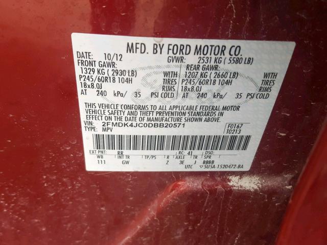 2FMDK4JC0DBB20571 - 2013 FORD EDGE SEL RED photo 10