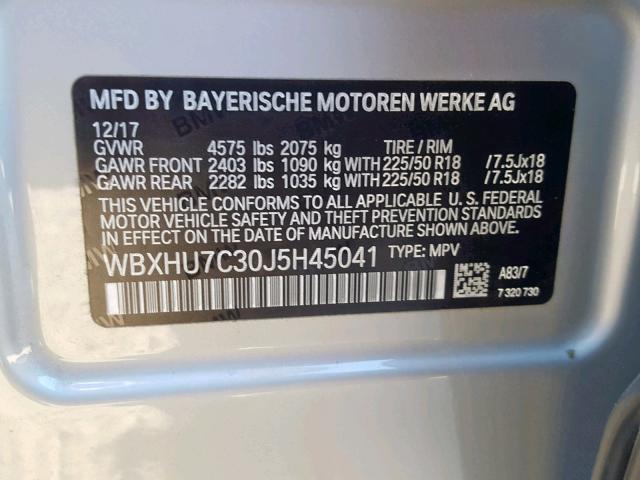 WBXHU7C30J5H45041 - 2018 BMW X1 SDRIVE2 SILVER photo 10