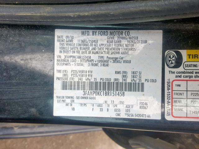 3FAHP0KC1BR151458 - 2011 FORD FUSION SPO BLACK photo 10