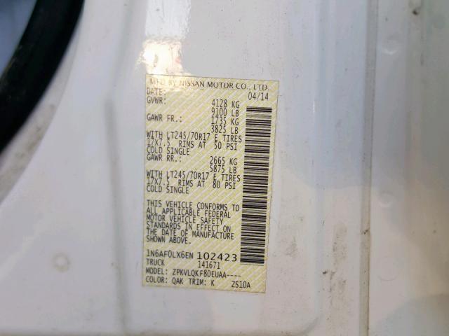 1N6AF0LX6EN102423 - 2014 NISSAN NV 2500 WHITE photo 10