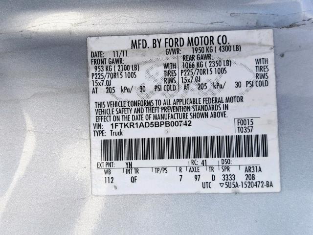 1FTKR1AD5BPB00742 - 2011 FORD RANGER SILVER photo 10