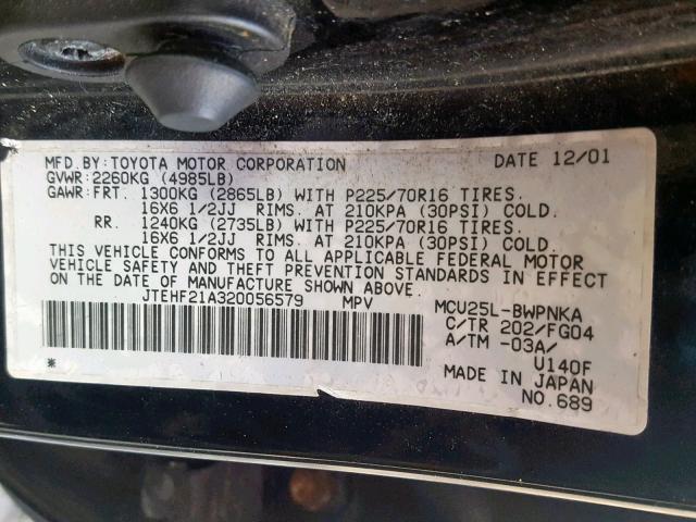 JTEHF21A320056579 - 2002 TOYOTA HIGHLANDER BLACK photo 10