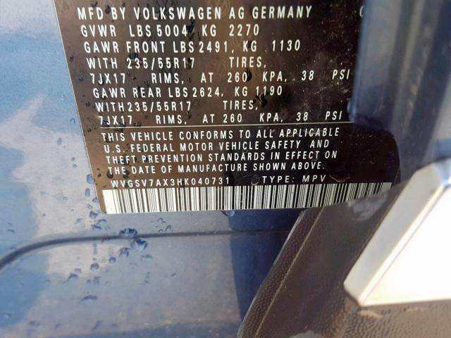 WVGSV7AX3HK040731 - 2017 VOLKSWAGEN TIGUAN WOL BLUE photo 10