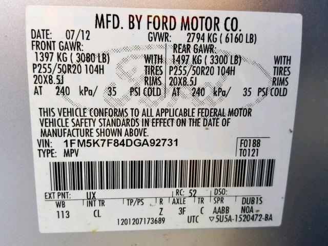 1FM5K7F84DGA92731 - 2013 FORD EXPLORER L SILVER photo 10