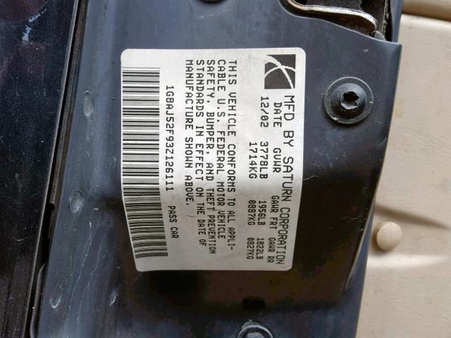 1G8AJ52F93Z126111 - 2003 SATURN ION LEVEL BLACK photo 10