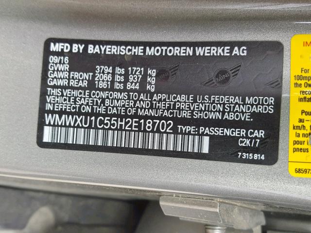 WMWXU1C55H2E18702 - 2017 MINI COOPER GRAY photo 10