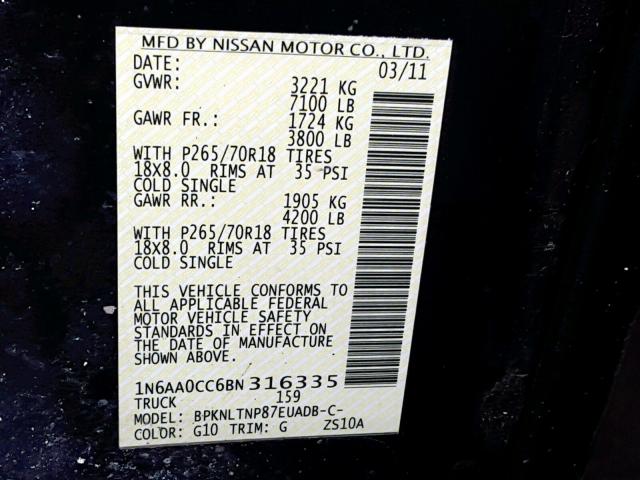 1N6AA0CC6BN316335 - 2011 NISSAN TITAN S BLACK photo 10