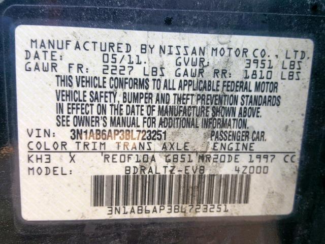 3N1AB6AP3BL723251 - 2011 NISSAN SENTRA 2.0 BLACK photo 10