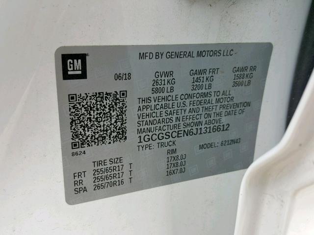 1GCGSCEN6J1316612 - 2018 CHEVROLET COLORADO L WHITE photo 10