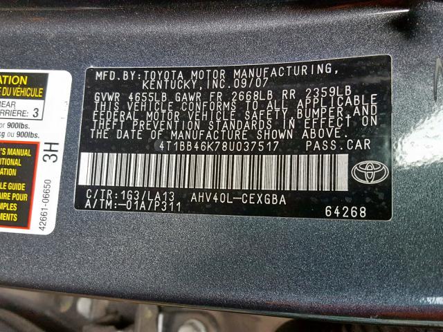 4T1BB46K78U037517 - 2008 TOYOTA CAMRY HYBR GRAY photo 10