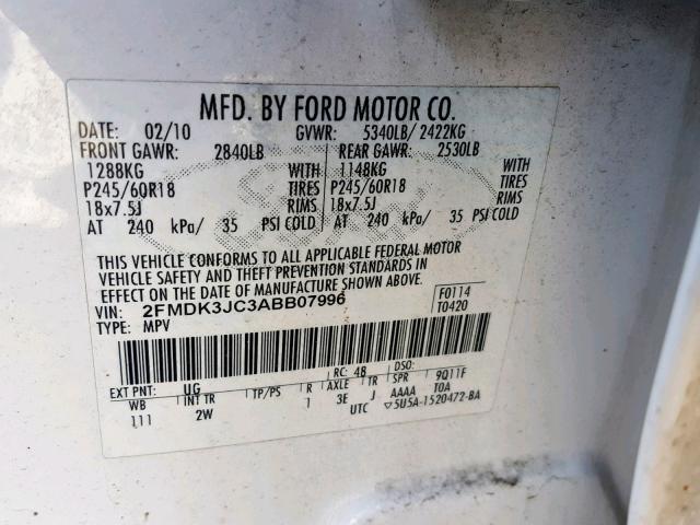 2FMDK3JC3ABB07996 - 2010 FORD EDGE SEL WHITE photo 10