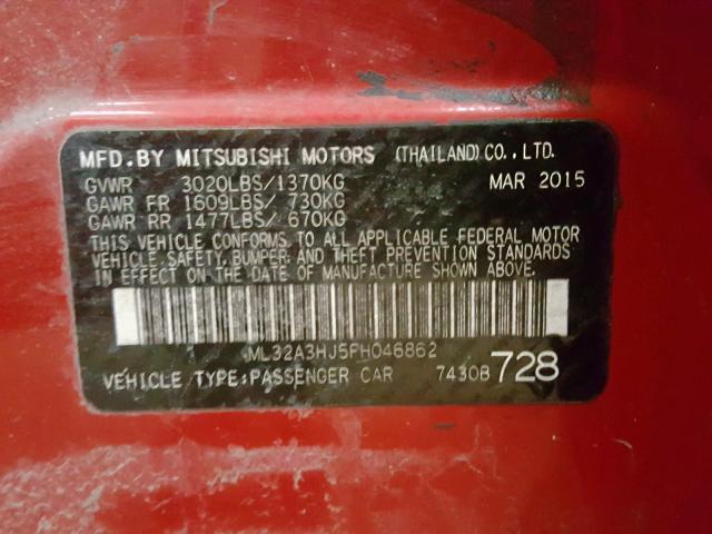 ML32A3HJ5FH046862 - 2015 MITSUBISHI MIRAGE DE RED photo 10