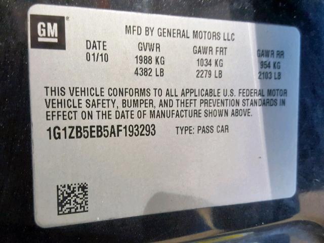 1G1ZB5EB5AF193293 - 2010 CHEVROLET MALIBU LS BLACK photo 10