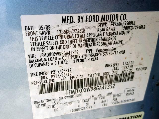 1FMDK02W98GA41352 - 2008 FORD TAURUS X S BLUE photo 10