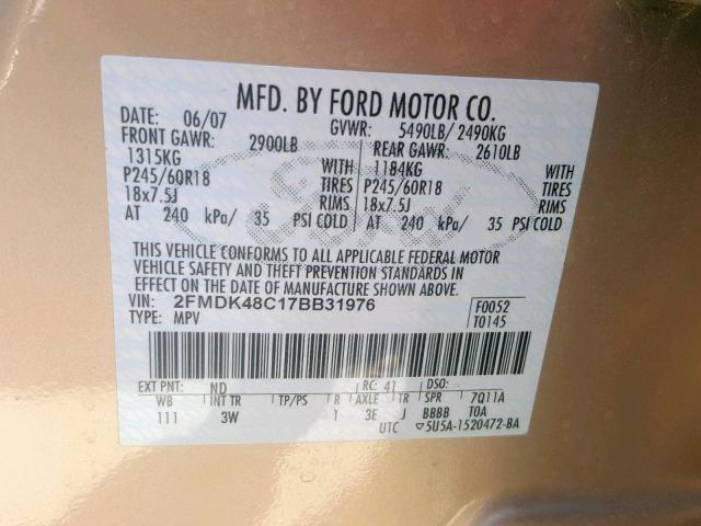 2FMDK48C17BB31976 - 2007 FORD EDGE SEL GOLD photo 10