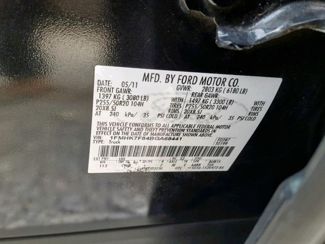 1FMHK7F84BGA68441 - 2011 FORD EXPLORER L BLACK photo 10