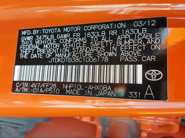 JTDKDTB38C1006178 - 2012 TOYOTA PRIUS C ORANGE photo 10