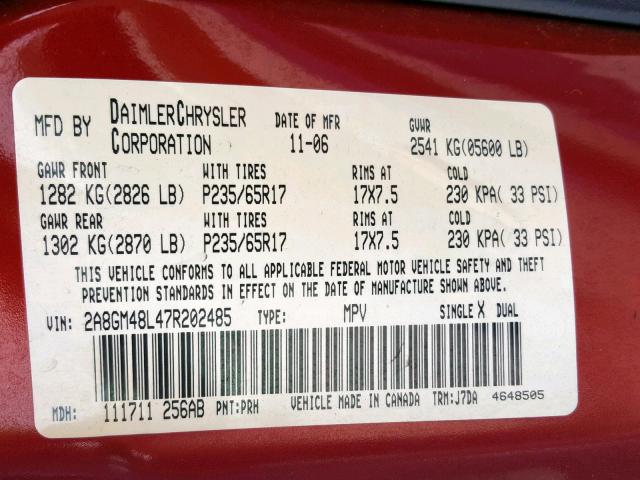 2A8GM48L47R202485 - 2007 CHRYSLER PACIFICA RED photo 10