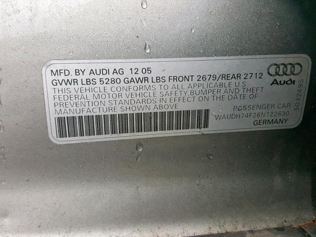 WAUDH74F26N122630 - 2006 AUDI A6 3.2 QUA GRAY photo 10