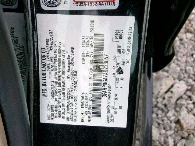 3FAHP0GA7AR223057 - 2010 FORD FUSION S BLACK photo 10