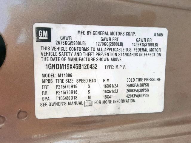 1GNDM19X45B120432 - 2005 CHEVROLET ASTRO GOLD photo 10