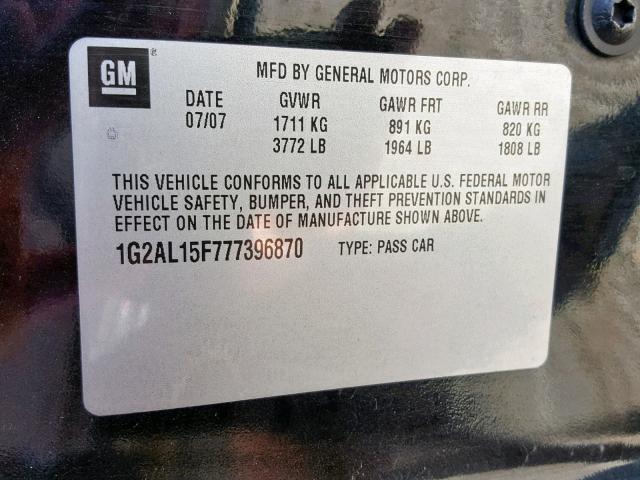 1G2AL15F777396870 - 2007 PONTIAC G5 BLACK photo 10