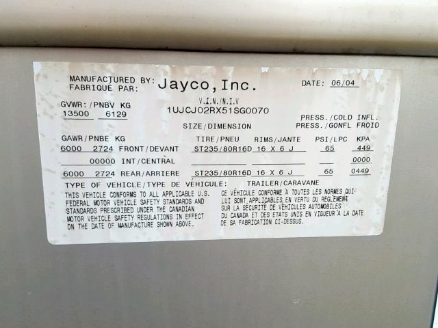 1UJCJ02RX51SG0070 - 2005 JAYCO 5TH WHEEL WHITE photo 10